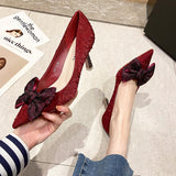 Green Silk Bowtie High Heels Pumps for Women Sexy Pointed Toe Metal Stiletto Heels Wedding Party Shoes Woman 2022 Spring Bombas