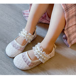 Wexleyjesus Sweet Girls Soft Mary Janes Shoes 2022 Kids Fashion Summer New Princess Lace Pearls Ballet Flats Children Soft Shallow for Party