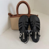 Low Sandals Woman Leather Low-heeled Fabric Hoof Heels Fretwork PU Rubber Slides Low Sandals Woman Leather Low-heeled Fabric PU