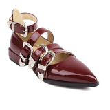 Wexleyjesus Plus Size Pointy Shiny Patent Leather Wine Red Low-Heeled Women's Pumps Four-Row Metal Belt Buckle Mary Jane Shoes