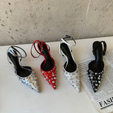 Wexleyjesus Fashion Women Sandals Pointed Toe Rivet Design Summer Dress Shoes Thin High Heel Black Red White Silver Elegant Ankle Strap Pump