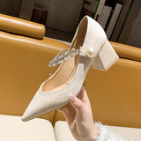 Rimocy Hook Loop Big Pearl High Heels Pumps Women Bling Crystal Square Heels Mary Jane Shoes Woman Point Toe Moccasins Shoes