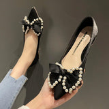 Rimocy Pearl Bowtie Party Pumps Women Sexy Lace Pointed Toe Banquet Wedding Shoes Woman String Bead Comfort Low Heels Shoes