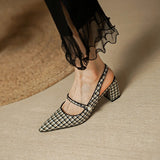 The Houndstooth Cloth Women Slingback Pumps Pointed Toe Shallow 6cm Square High Heels Vintage Mary Jeans Prom Party Sandalias