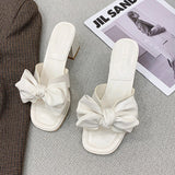 2022 New Summer Open Toes Women's Med Heels Slippers Outdoor Beach Slippers Fashion Bow Black White Thick Heel Female Slides