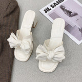 New Summer Open Toes Women's Med Heels Slippers Outdoor Beach Slippers Fashion Bow Black White Thick Heel Female Slides