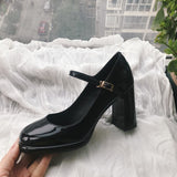 Wexleyjesus Autumn New Brand Designer Shallow Mouth Single Shoes Cow Patent Leather Leather Thick High Heel Women Pumps Round Head One