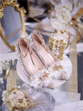 Wexleyjesus Elegant Retro Lolita Court Style Cosplay Flower Wedding Girl Gorgeous Bow Pearl Gem Lace 6.5cm-8.5cm Pointed High Heel Shoes