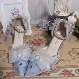 Wexleyjesus Pearl Chain Sweet Lace Bowknot Elegant Princess  Pointed Sandals Lolita Shoes Silver Wedding Tea Party Cosplay Lolita Shoes