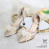 Wexleyjesus Kawaii Girl Tea Party Elegant Pearl Love Lace Bowknot Lolita Shoes Multicolor Exquisite Embroidery Pointed Sandals Cosplay Lolit