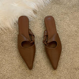 Vintage Brown Pleated Hollow Pointed Toe Mules Women Low Heels Shoes 2022 New Fashion Casual Flat Summer Slippers Women Slides