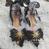 Wexleyjesus Gothic Girls Black Feather Bowknot Gold Sun Lolita Shoes Metal Pearl Chain Pointed Sandals Mid Heel Victoria Cos Lolita Shoes