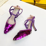 Wexleyjesus Brand Pink Sequin Sandals Luxury Leather Pointed Toe High Heels Metal Strange Style Heel Runway Pumps Banquet Party Shoes Women