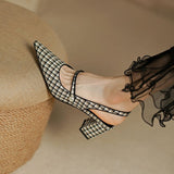 The Houndstooth Cloth Women Slingback Pumps Pointed Toe Shallow 6cm Square High Heels Vintage Mary Jeans Prom Party Sandalias