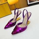 Wexleyjesus Brand Pink Sequin Sandals Luxury Leather Pointed Toe High Heels Metal Strange Style Heel Runway Pumps Banquet Party Shoes Women