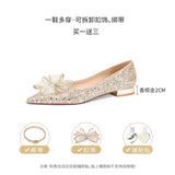 Wexleyjesus Strap Wedding Shoes Women's Flat Bottomed Main Dress Wearing Pregnant Women's Low Heel Bride's Shoes Not Tired Feet High Sense