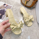 2022 New Summer Open Toes Women's Med Heels Slippers Outdoor Beach Slippers Fashion Bow Black White Thick Heel Female Slides