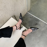 Wexleyjesus Fashion Women Sandals Pointed Toe Rivet Design Summer Dress Shoes Thin High Heel Black Red White Silver Elegant Ankle Strap Pump