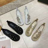 Women Flat Single Shoes Breathable Mesh Slip on Spring Summer Ladies Casual Rhinestone Flowers Fisherman Shoes Zapatillas Mujer