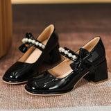 Autumn Mary Janes Women Shoes High-heeled Women Pumps Square Toe Pearl Bow Single Shoes Female High Heels Chunky Shoes cx625