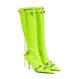 New Women Knee High Boots Female Microfiber Pointed Toe High Heels Shoes Ladies Fashion Side Zipper Rivet Riband Plus Size Boot