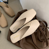 Vintage Khaki Mules Women 2022 Summer Slippers Closed Toe Flat Casual Slides Beige Black Slippers Women Shoes Plus Size 34-43