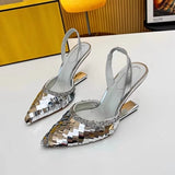 Wexleyjesus Brand Pink Sequin Sandals Luxury Leather Pointed Toe High Heels Metal Strange Style Heel Runway Pumps Banquet Party Shoes Women