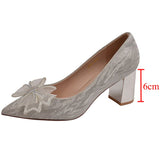 Rimocy Silk Bowknot Square Heels Pumps Women 2022 New Crystal Slip-on High Heels Shoes Ladies Sexy Point Toe Shining Party Shoes