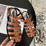 Low Sandals Woman Leather Low-heeled PU Rubber Fabric Fretwork Slides Hoof Heels Low Sandals Woman Leather Low-heeled Fabric Fre