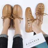 Wexleyjesus Soft Sole Hollow Single Shoes Women  Vintage Genuine Leather Flat Casual Shoes Woman Outdoor Lace Up Non Slip Loafers creepers