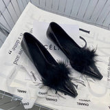 Wexleyjesus Fashion Women Pumps Fur Design Black White Thin Mid Heels Office Shoes Shallow Slip On Dress Shoes Pumps Black/White Party Pumps