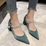 Rimocy Hook Loop Big Pearl High Heels Pumps Women Bling Crystal Square Heels Mary Jane Shoes Woman Point Toe Moccasins Shoes