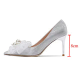 Rimocy Shiny Sequined Cloth Wedding Shoes Women Fashion Silk Bow Thin Heels Pumps Woman Slip-on Pearl High Heels Bridal Shoes