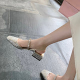 Rimocy Shining Sequins Square Heels Sandals Women Fashion Crystal Strap Party Shoes Woman Sqaure Toe Bling Low Heeled Pumps 2022