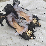 Wexleyjesus Gothic Girls Black Feather Bowknot Gold Sun Lolita Shoes Metal Pearl Chain Pointed Sandals Mid Heel Victoria Cos Lolita Shoes