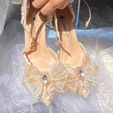 Elegant Retro Lolita Court Style Cosplay Flower Wedding Girl Gorgeous Satin Bow Pearl Gem Ribbon Flower 8.5cm High Heels Shoes