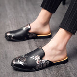 Wexleyjesus Men Mules Black Half Shoes Leather Shoes Men Luxury Shoes Men Fashion Casual Sepatu Slip On shoes Trend slippers men