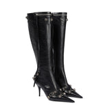 New Women Knee High Boots Female Microfiber Pointed Toe High Heels Shoes Ladies Fashion Side Zipper Rivet Riband Plus Size Boot