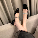 Rimocy Shining Sequins Square Heels Sandals Women Fashion Crystal Strap Party Shoes Woman Sqaure Toe Bling Low Heeled Pumps 2022