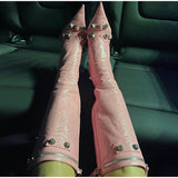 New Women Knee High Boots Female Microfiber Pointed Toe High Heels Shoes Ladies Fashion Side Zipper Rivet Riband Plus Size Boot