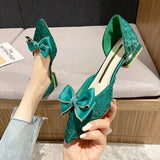 Rimocy Bowknow Green Pumps Woemn 2022 Summer Comfotable Low Heels Party Shoes Woman Elegant Pointed Toe Square Heel Zapaio Mujer