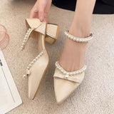 Wexleyjesus  2022 Summer Pearl Pumps Women Pointed Toe Ankle Strap High Heels Shoes Woman Med Heel Elegant Bowknot Dress Shoes Ladies