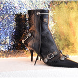 New Women Knee High Boots Female Microfiber Pointed Toe High Heels Shoes Ladies Fashion Side Zipper Rivet Riband Plus Size Boot