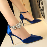 European and American style high heel women's shoes with high heel satin shallow mouth pointed rhinestone word with sandals