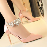 European and American style high heel women's shoes with high heel satin shallow mouth pointed rhinestone word with sandals