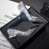 Crystal sequined wedding shoes high heel stiletto pointed bridal shoes silver bridesmaid dress shoes pearl heel