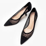 Spring Thin Heels Pumps Shoes Women Pointed Toe High Heel Work Shoes Polka Dot Mesh Vintage Elegant Shallow Pumps For Party