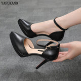 2022 Summer Brand Ankle Straps Womens Sandals 10 Cm Sexy Pointed Toe Platform Pumps Matte Leather Ladies High Heels Size 32 33