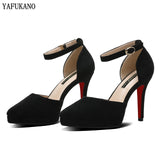2022 Summer Brand Ankle Straps Womens Sandals 10 Cm Sexy Pointed Toe Platform Pumps Matte Leather Ladies High Heels Size 32 33
