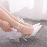 Crystal Queen Woman Satin Shoes Elegant Ankle Strap Party Bow-knot High Thin Heels Sandals Sexy High Heels White Wedding Shoes